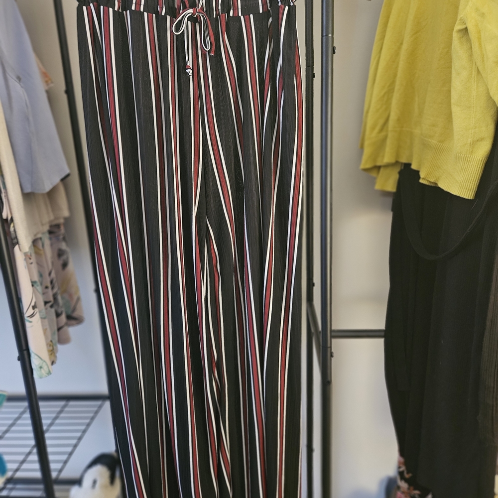 Black Vertical-Striped Wide Leg Pants with Red & White Stripes